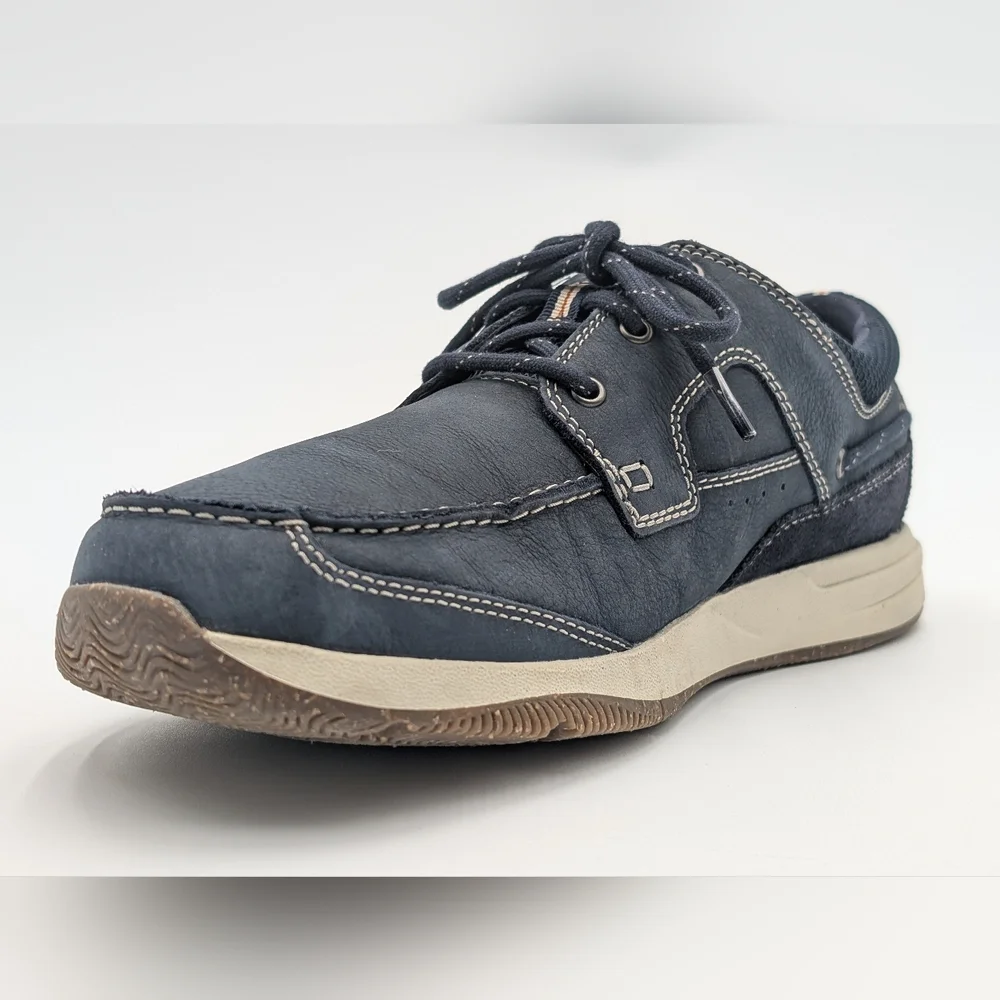 Clarks Sailview Lace Sz 11W Men Navy Nubuck Premium Leather Shoes Slip Resistant